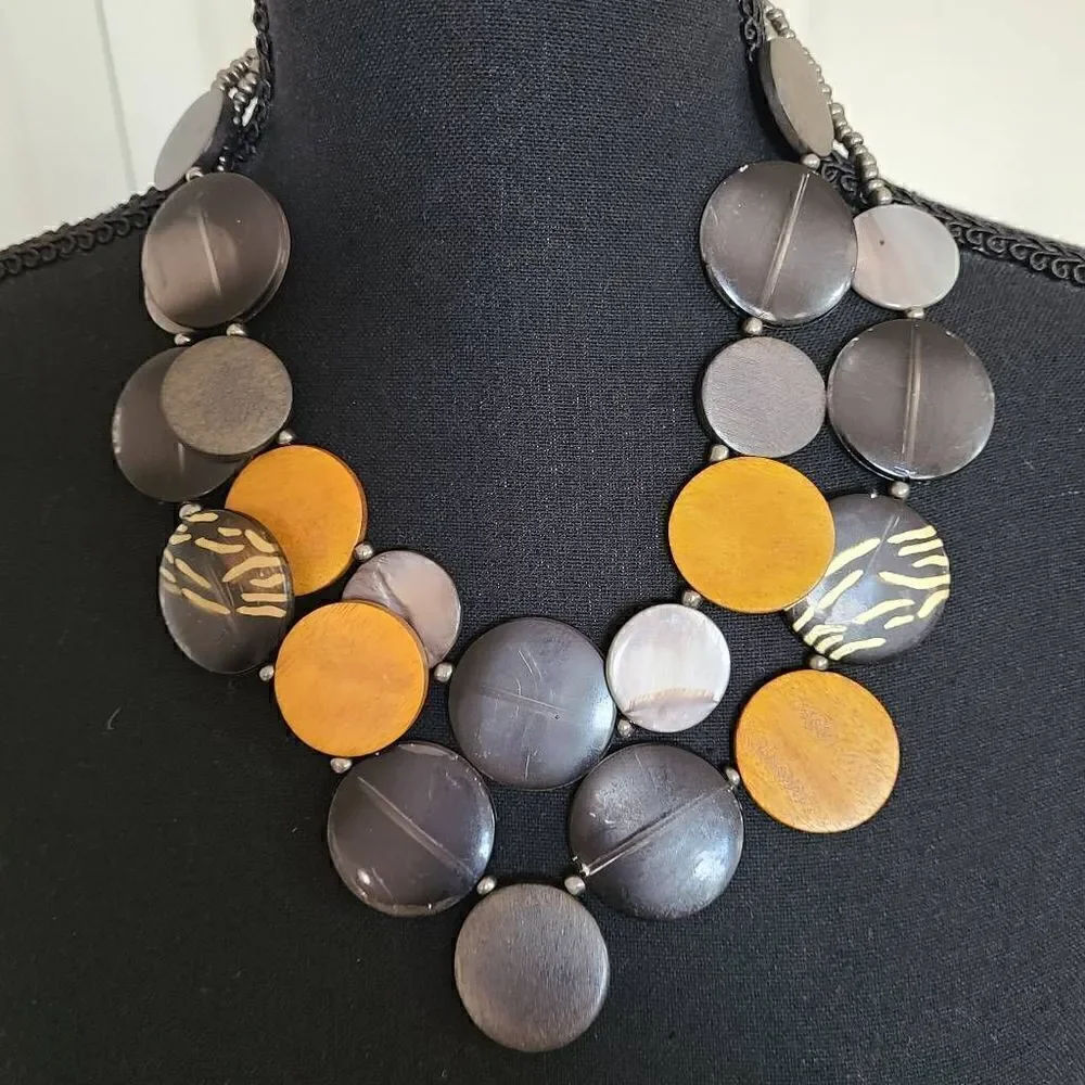 Double Strand Earthtone Disc and Wood Statement Necklace